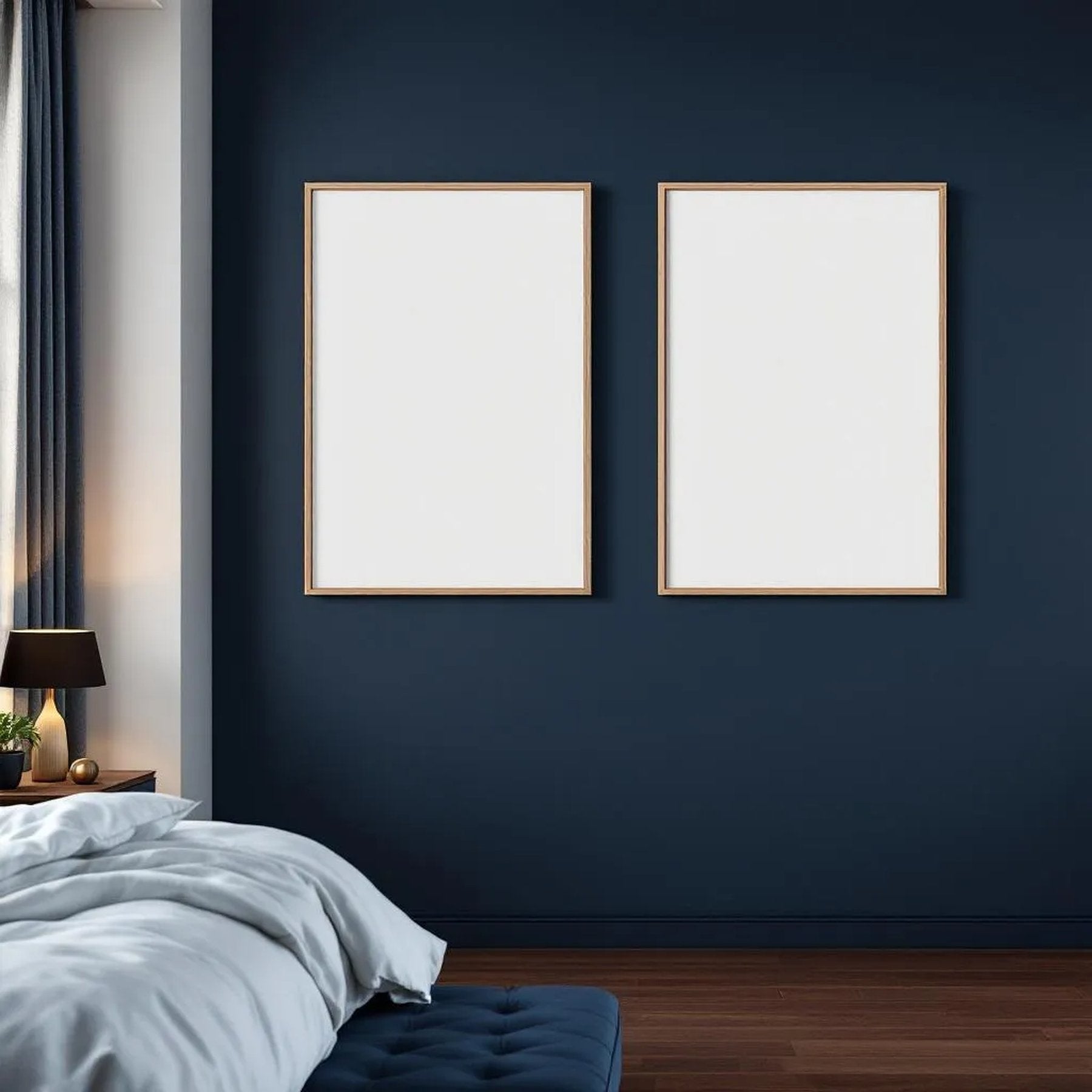 Bedroom Navy Interior Frame Mockup — Plain Square Frame Portrait 2:3 — Perspective View — #04165 | MockupBulk