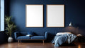 Bedroom Navy Professional Frame Mockup — Raw Pine Frame Portrait 2:3 — Perspective View — #04166 | MockupBulk