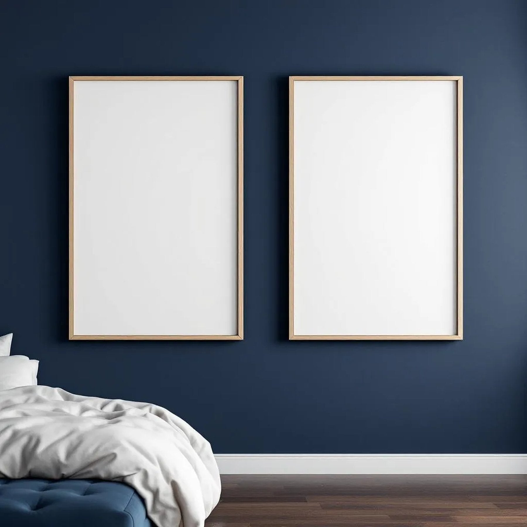 Bedroom Navy Interior Frame Mockup — Plain Square Frame Portrait 2:3 — Perspective View — #04168 | MockupBulk