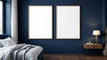 Bedroom Navy Interior Frame Mockup — Raw Pine Frame A-Series (A4 / A3) — Perspective View — #04169 | MockupBulk