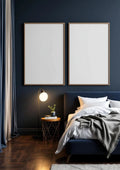 Bedroom Navy Frame Display Mockup — Raw Pine Frame Portrait 2:3 — Perspective View — #04170 | MockupBulk