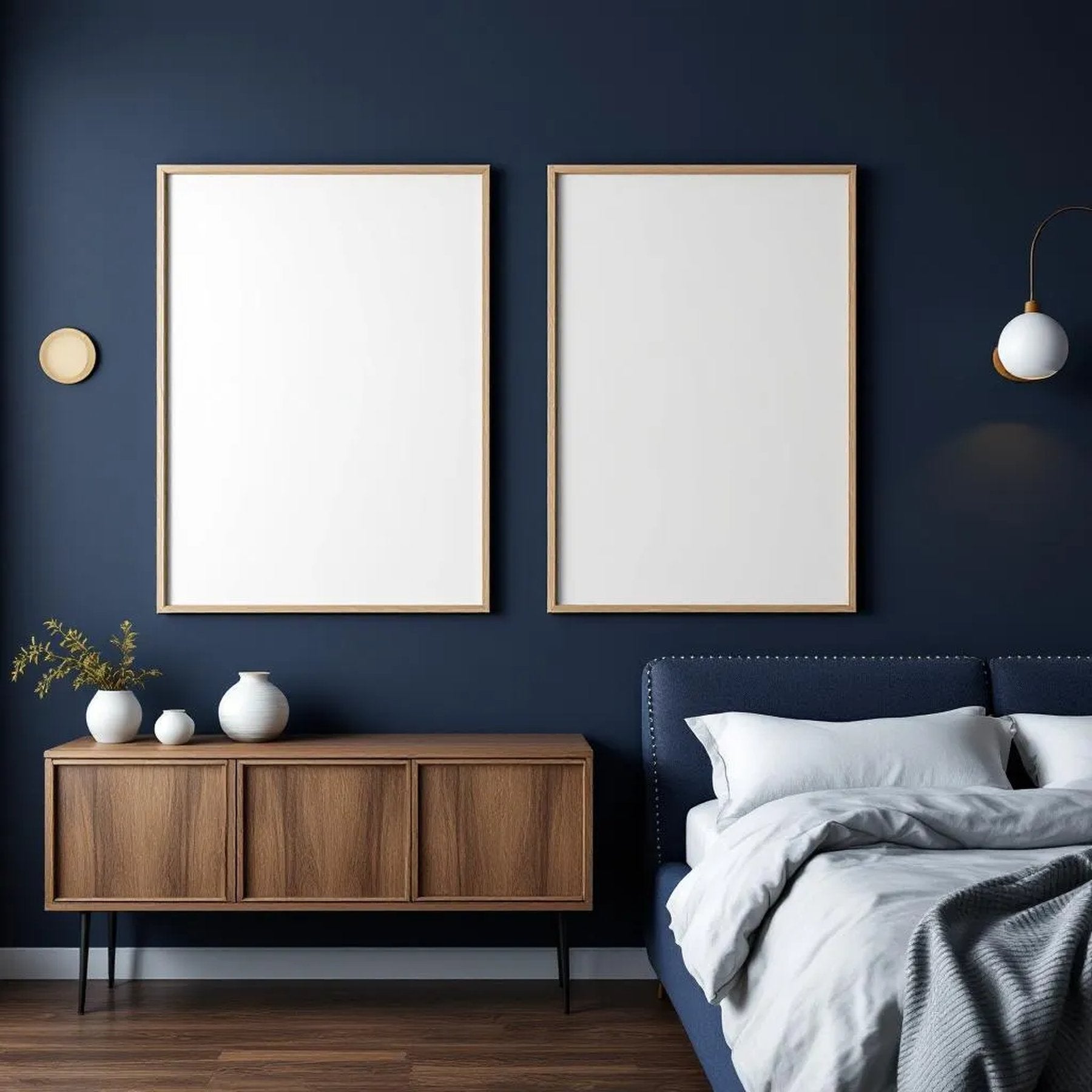 Bedroom Navy Editorial Room Mockup — Plain Square Frame Portrait 2:3 — Perspective View — #04171 | MockupBulk