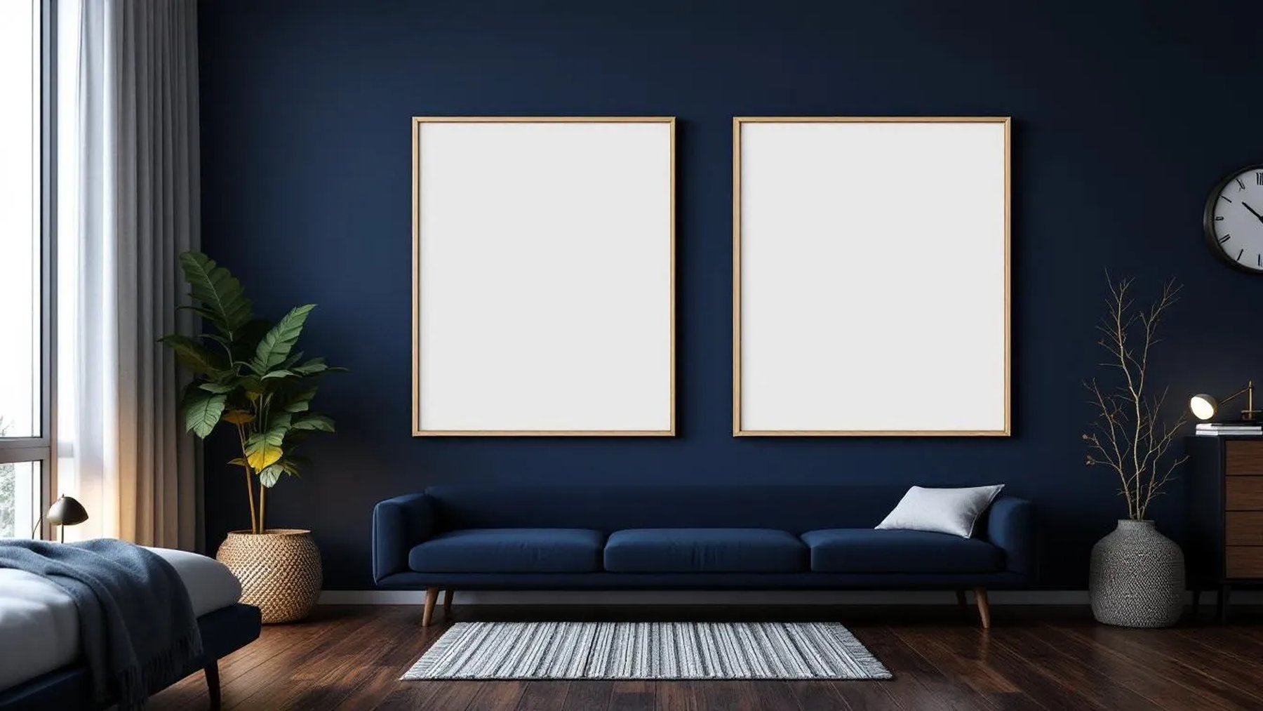 Bedroom Navy High-Res Frame Mockup — Raw Pine Frame Portrait 4:5 — Perspective View — #04172 | MockupBulk