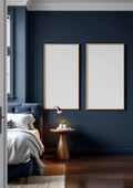Bedroom Navy Editorial Room Mockup — Raw Pine Frame A-Series (A4 / A3) — Perspective View — #04173 | MockupBulk