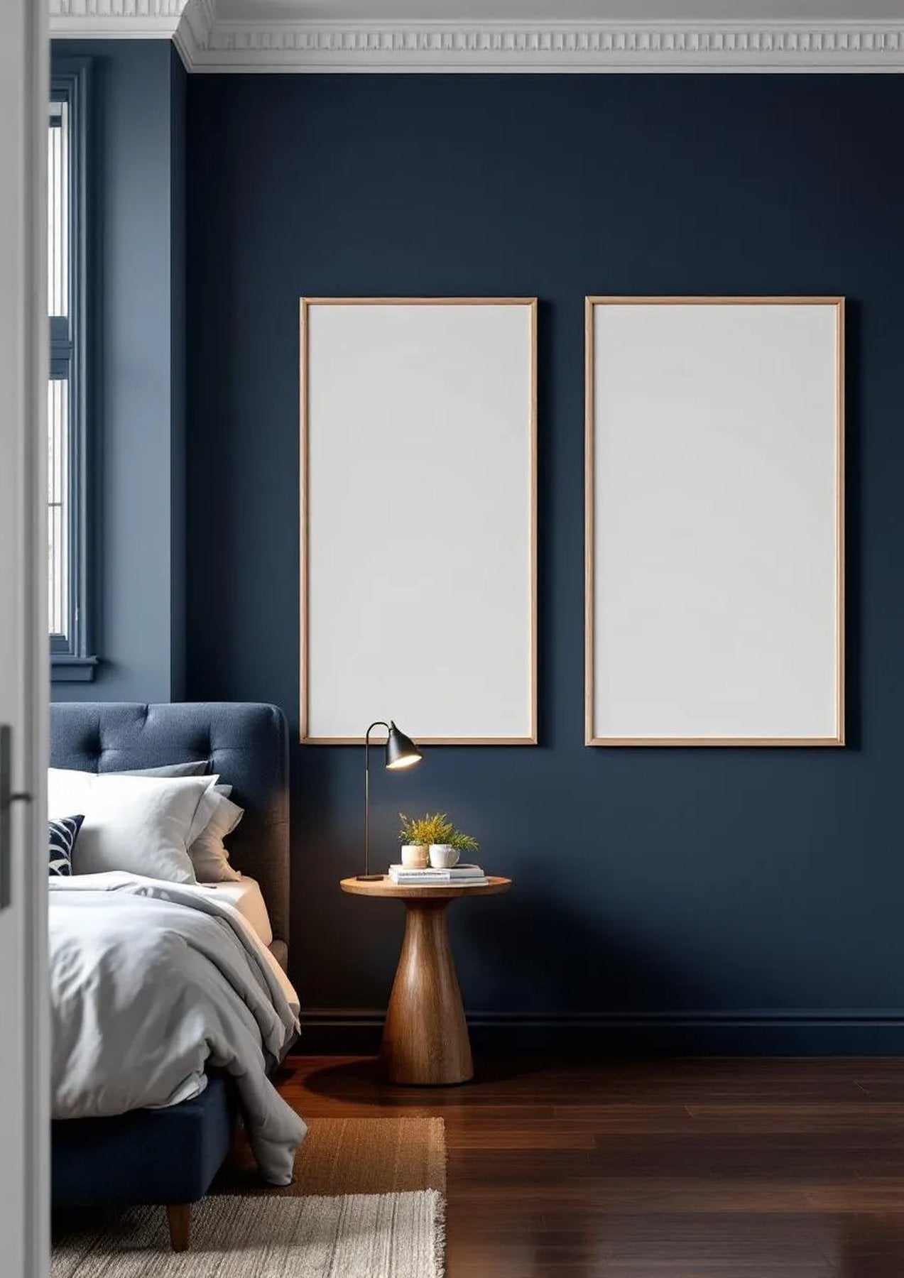 Bedroom Navy Editorial Room Mockup — Raw Pine Frame A-Series (A4 / A3) — Perspective View — #04173 | MockupBulk