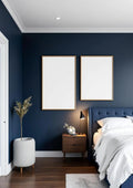 Bedroom Navy Wall Art Mockup — Raw Pine Frame Portrait 2:3 — Perspective View — #04176 | MockupBulk