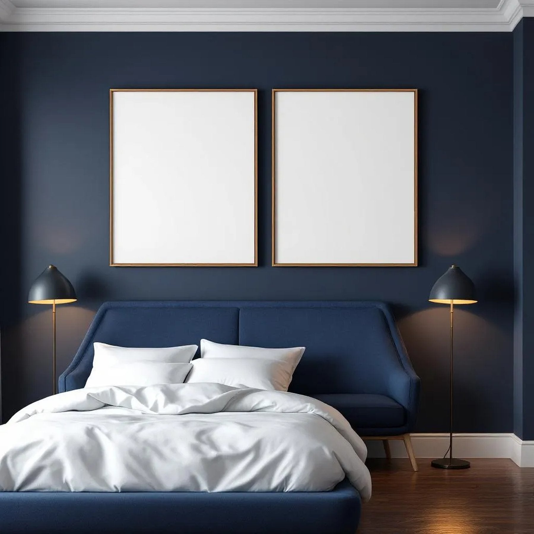 Bedroom Navy Lifestyle Frame Mockup — Plain Square Frame Portrait 2:3 — Perspective View — #04177 | MockupBulk