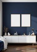 Bedroom Navy Lifestyle Frame Mockup — Raw Pine Frame Portrait 2:3 — Perspective View — #04179 | MockupBulk