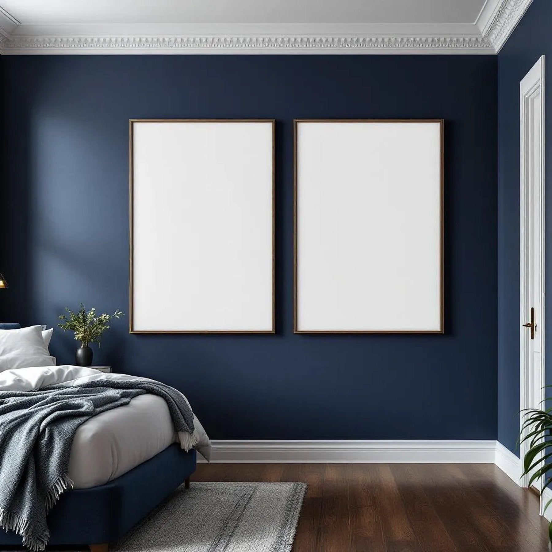 Bedroom Navy Interior Frame Mockup — Plain Square Frame Portrait 2:3 — Perspective View — #04180 | MockupBulk