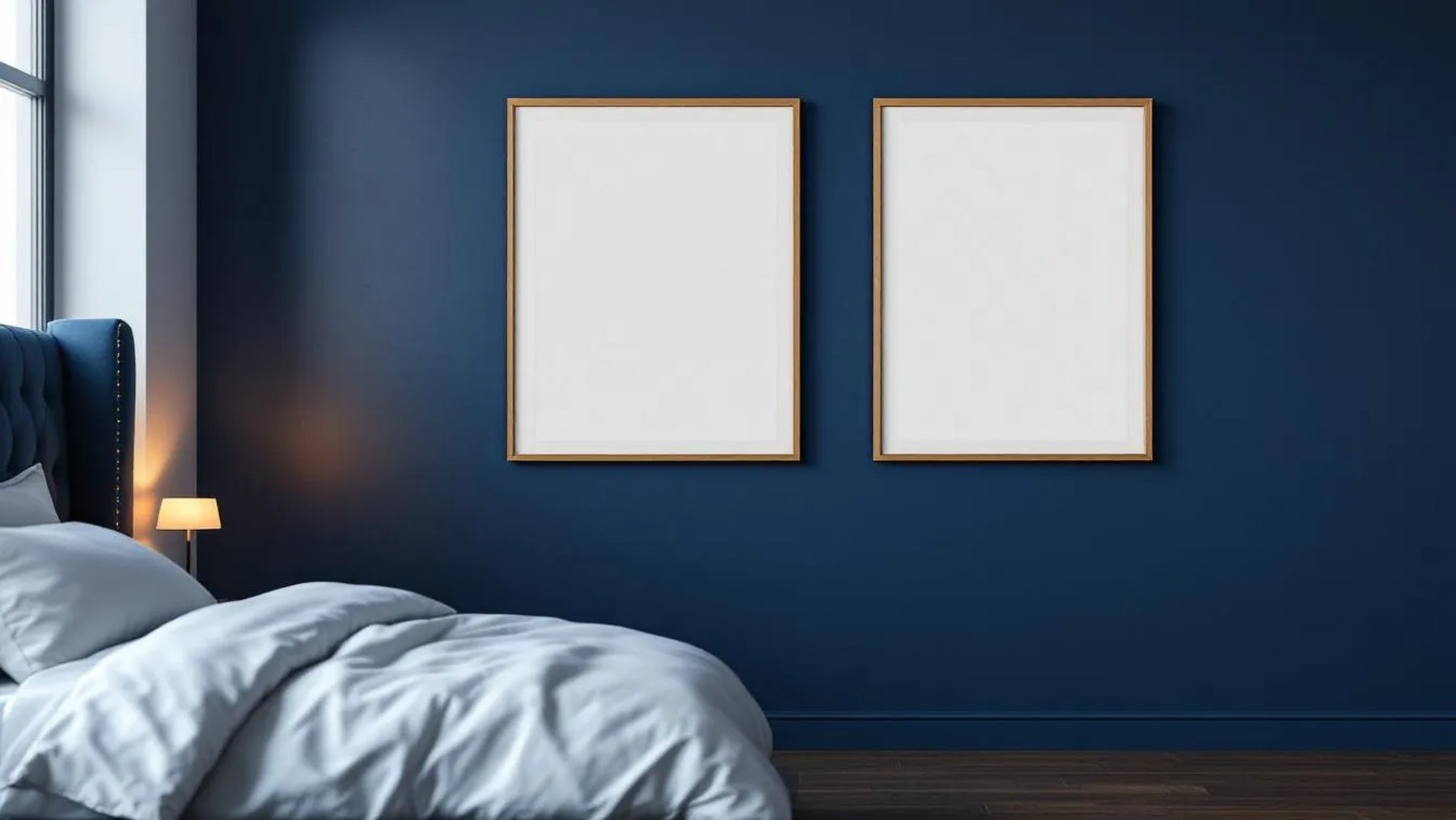 Bedroom Navy Frame Display Mockup — Espresso Frame Landscape 11x14 — Perspective View — #04181 | MockupBulk