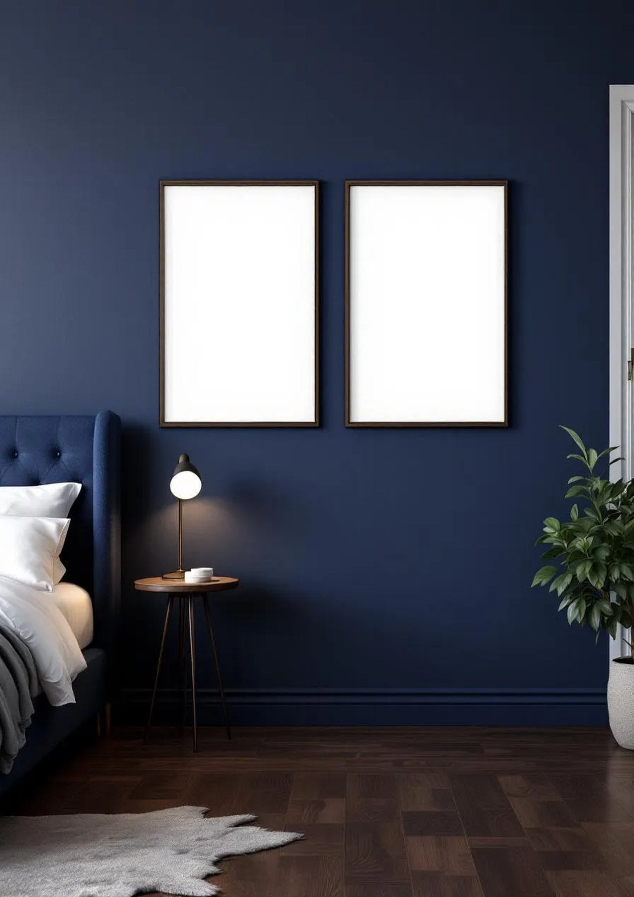 Bedroom Navy High-Res Frame Mockup — Espresso Frame Portrait 2:3 — Perspective View — #04182 | MockupBulk