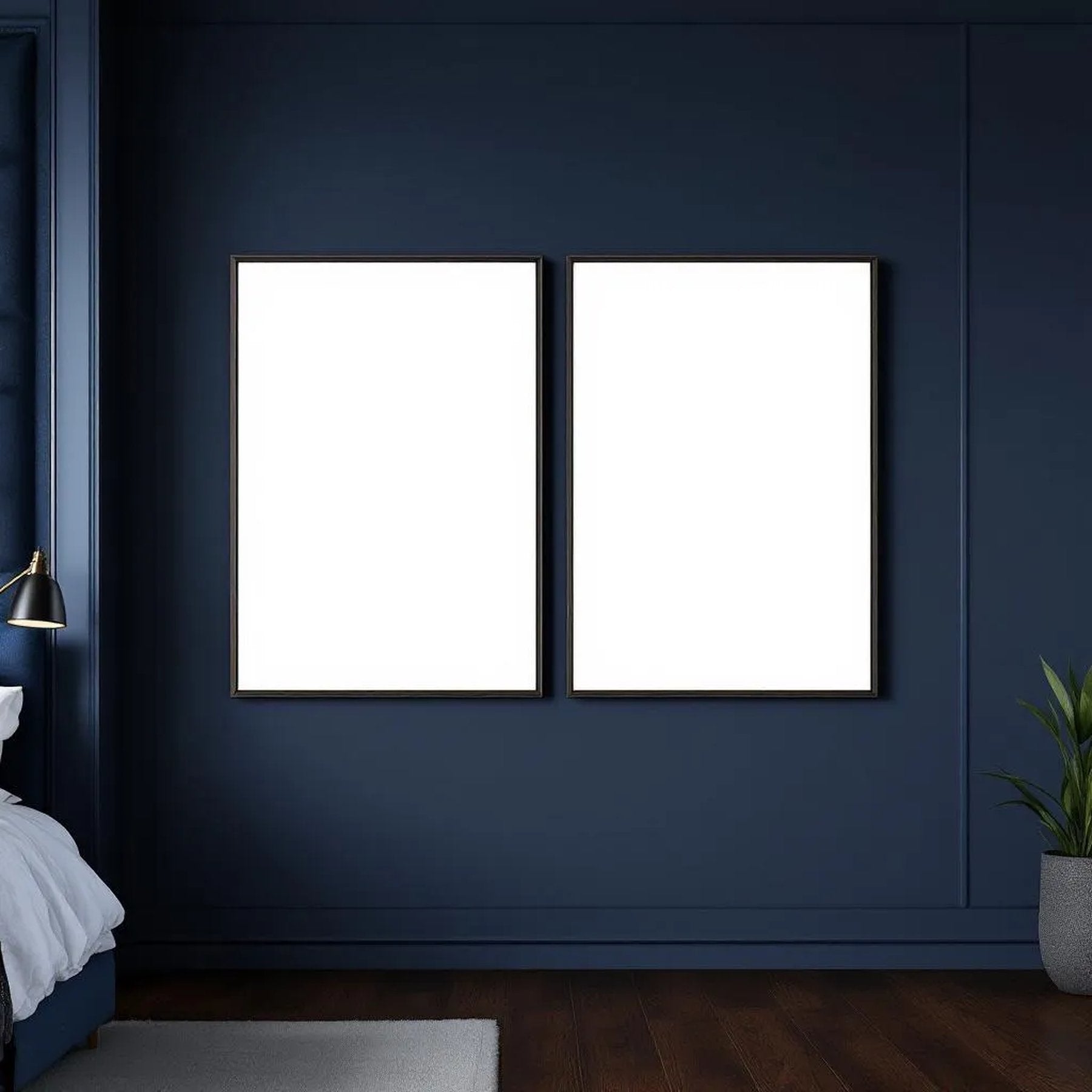 Bedroom Navy Editorial Room Mockup — Plain Square Frame A-Series (A4 / A3) — Perspective View — #04183 | MockupBulk