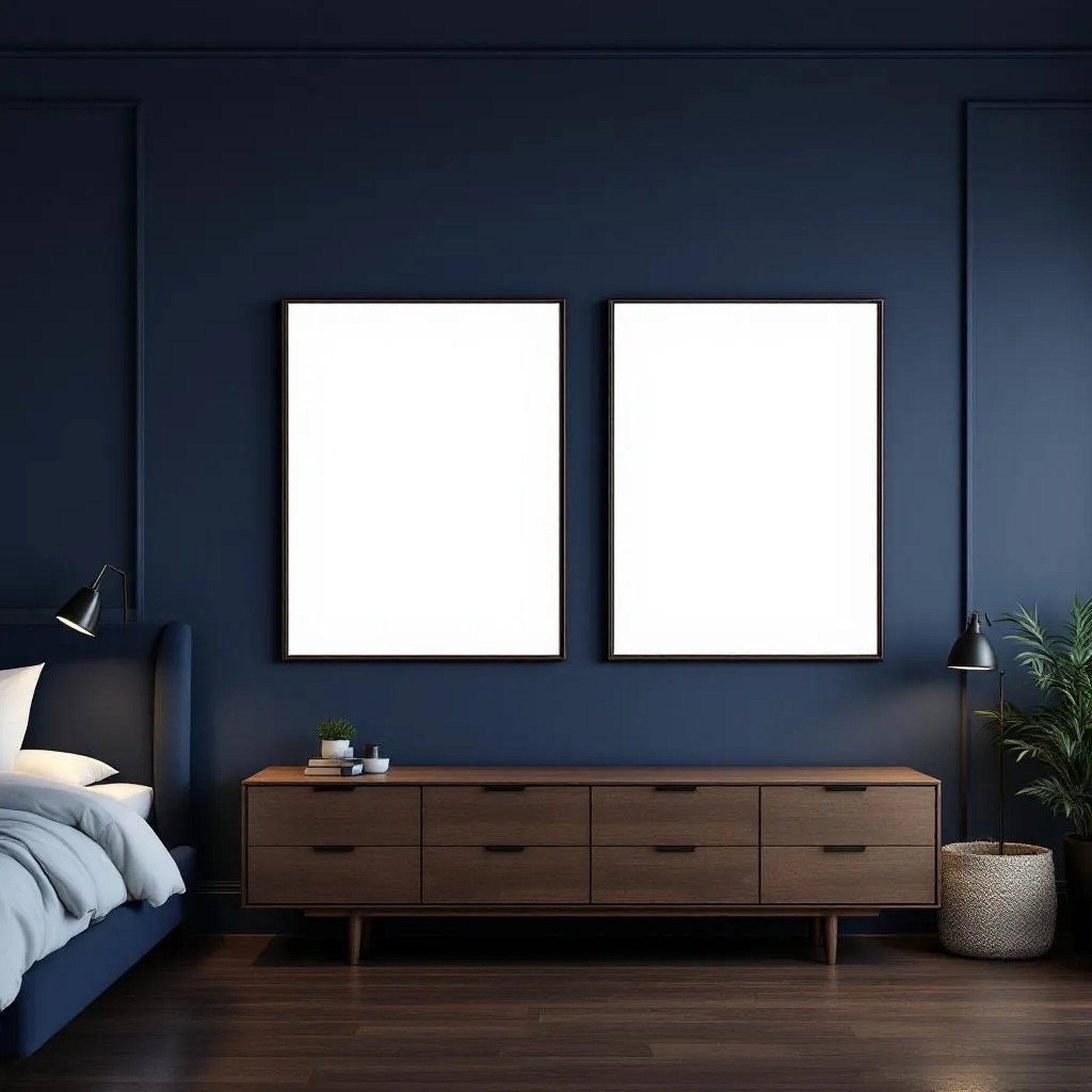 Bedroom Navy Styled Room Mockup — Plain Square Frame Landscape 11x14 — Perspective View — #04189 | MockupBulk