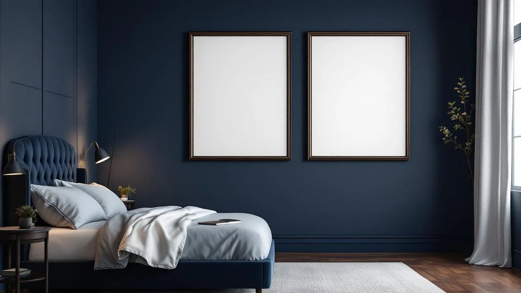 Bedroom Navy Frame Display Mockup — Espresso Frame Landscape 3:4 — Perspective View — #04190 | MockupBulk