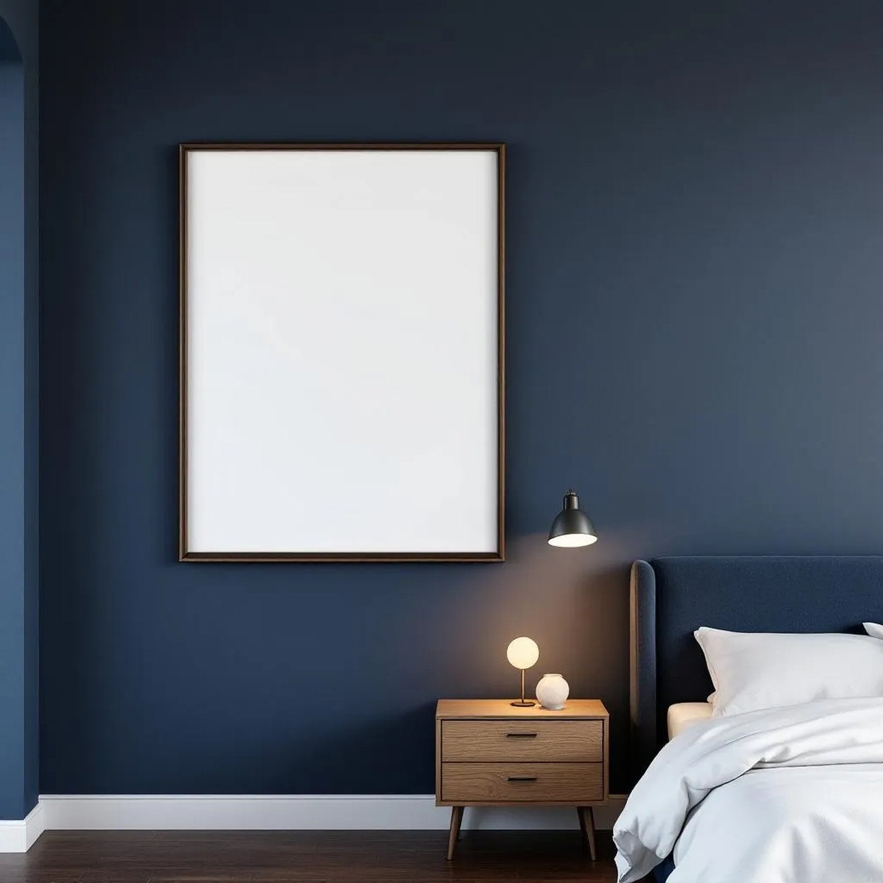 Bedroom Navy Frame Display Mockup — Plain Square Frame Landscape 3:4 — Perspective View — #04192 | MockupBulk
