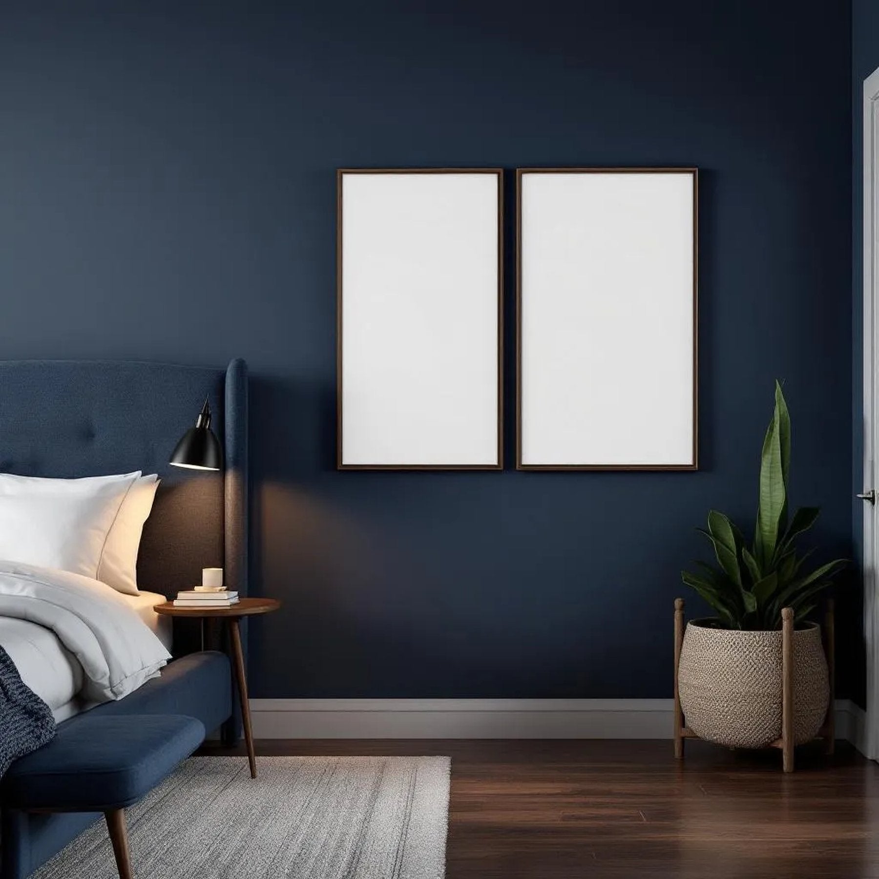 Bedroom Navy Wall Art Mockup — Plain Square Frame Portrait 2:3 — Perspective View — #04195 | MockupBulk