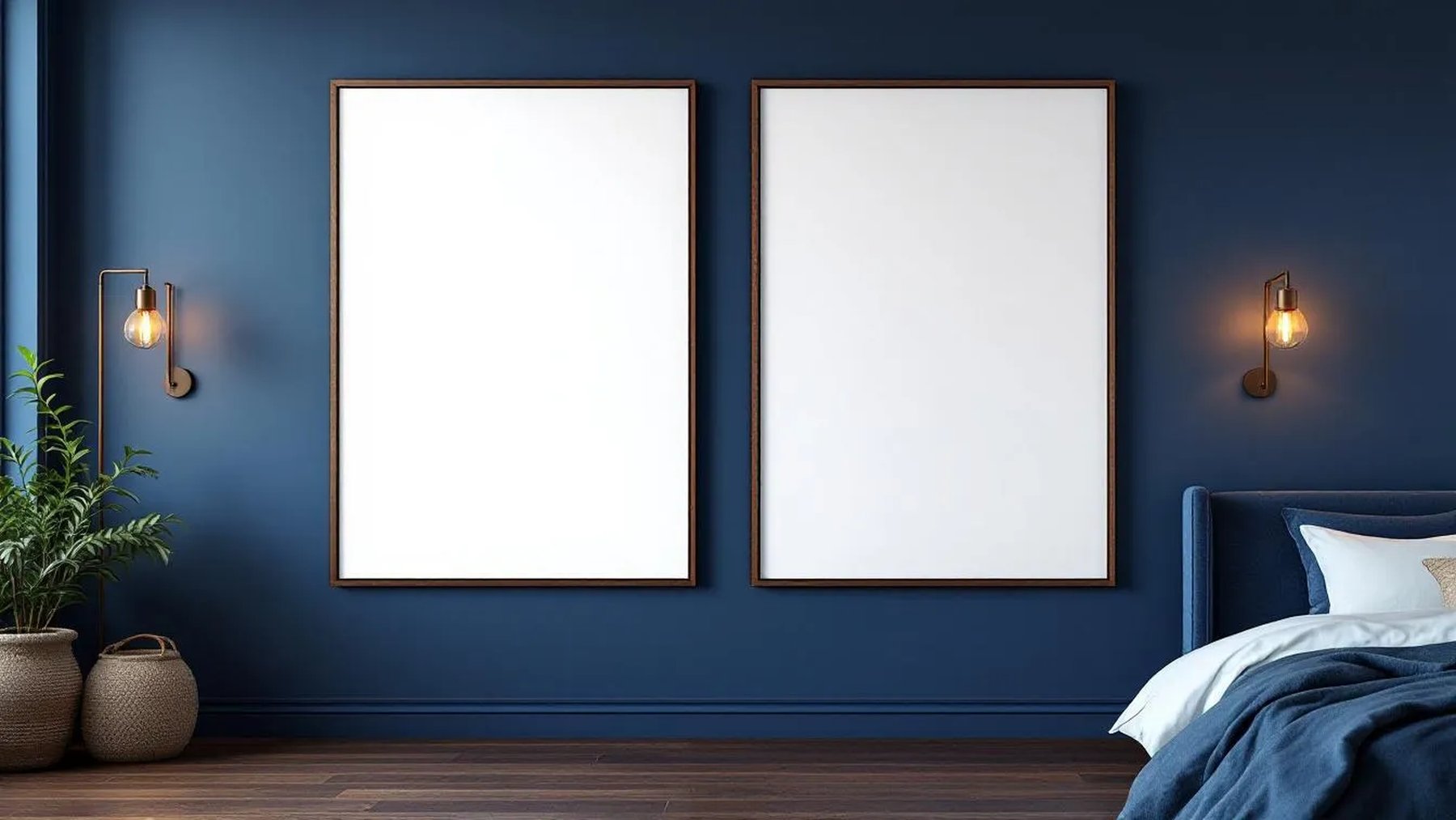 Bedroom Navy Lifestyle Frame Mockup — Espresso Frame A-Series (A4 / A3) — Perspective View — #04196 | MockupBulk