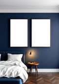 Bedroom Navy Wall Art Mockup — Espresso Frame Portrait 2:3 — Perspective View — #04197 | MockupBulk