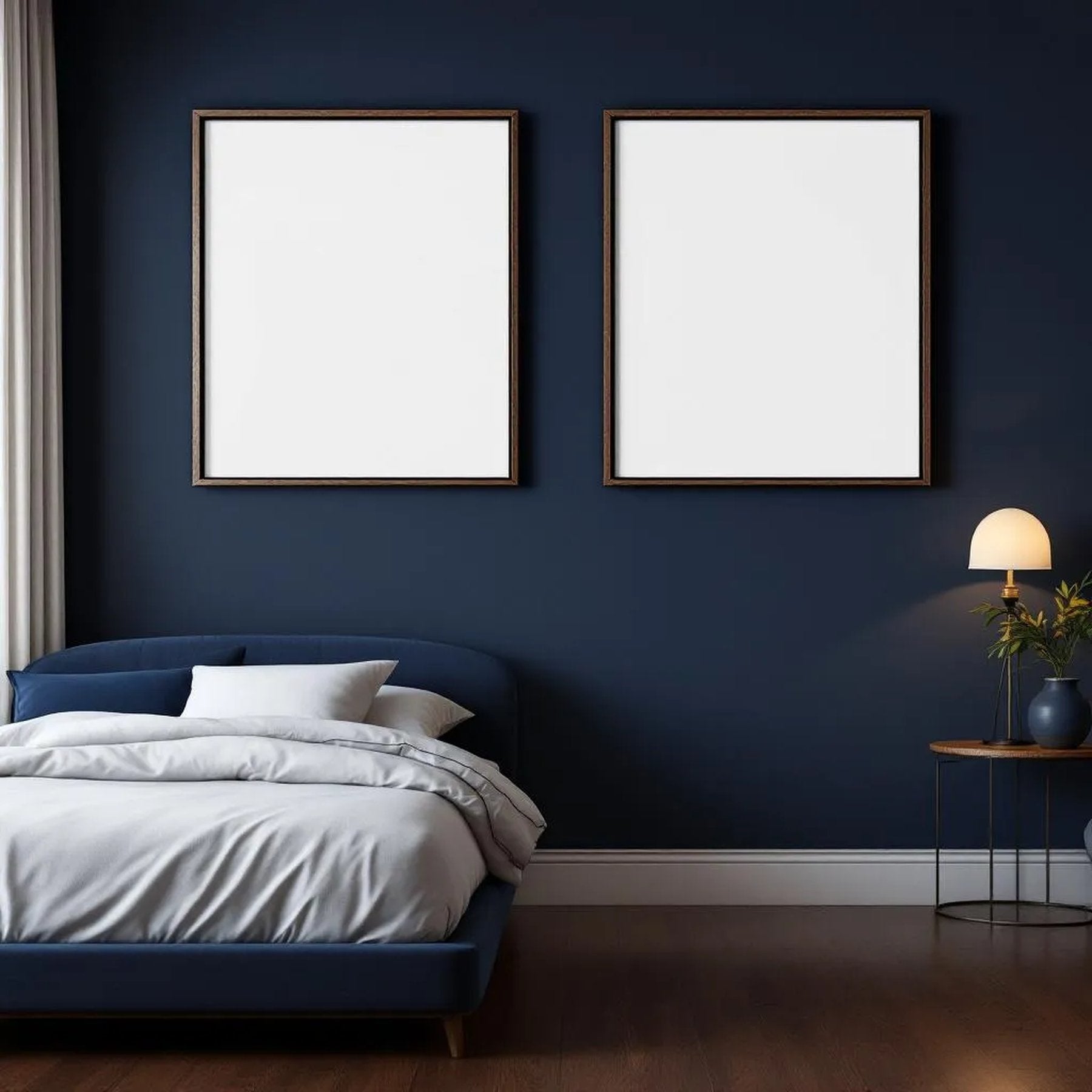 Bedroom Navy Wall Art Mockup — Plain Square Frame Portrait 2:3 — Perspective View — #04198 | MockupBulk