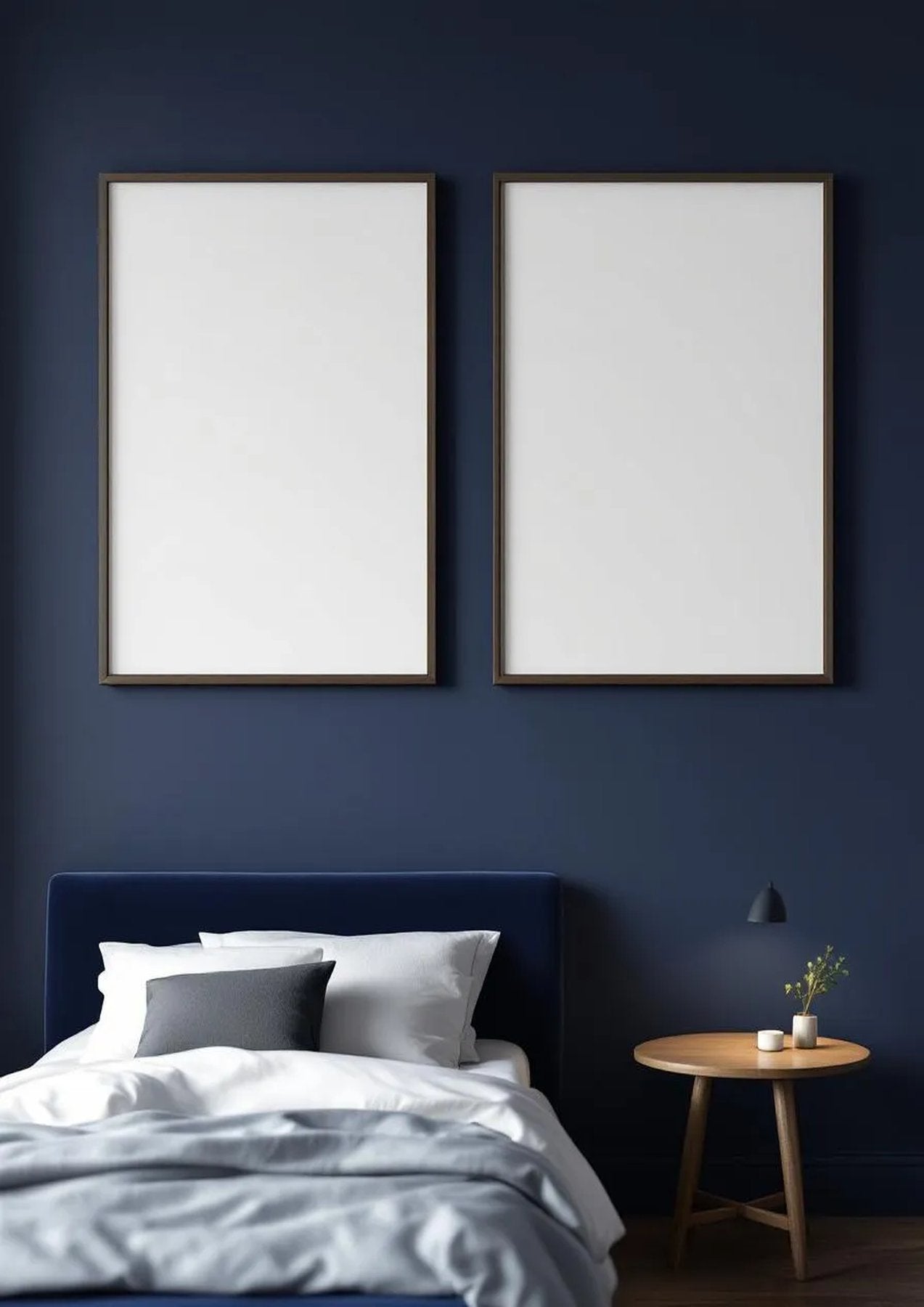 Bedroom Navy Wall Art Mockup — Espresso Frame Portrait 2:3 — Perspective View — #04200 | MockupBulk