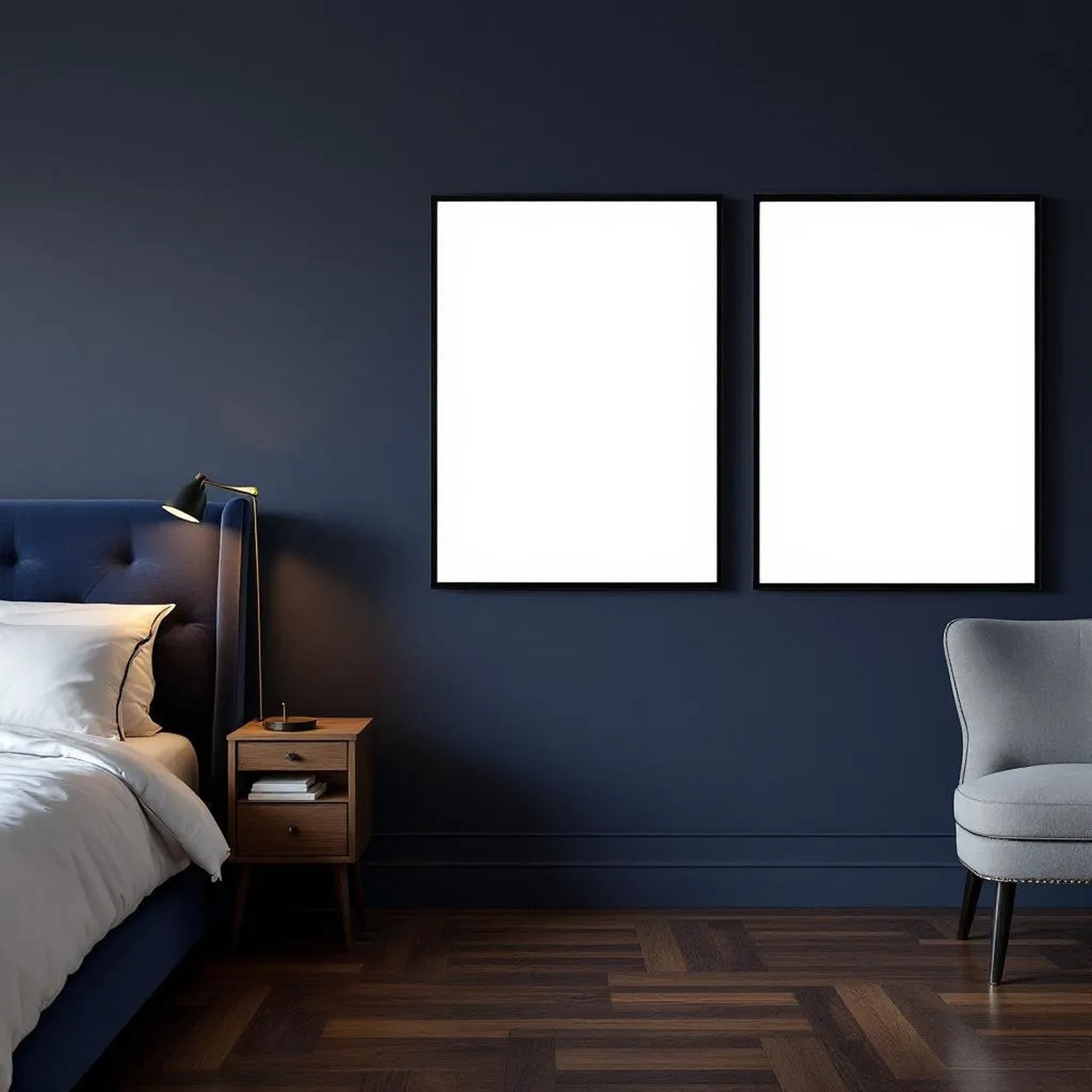 Bedroom Navy Styled Room Mockup — Plain Square Frame Landscape 3:4 — Perspective View — #04201 | MockupBulk