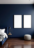 Bedroom Navy Editorial Room Mockup — Matte Black Frame Portrait 2:3 — Perspective View — #04203 | MockupBulk
