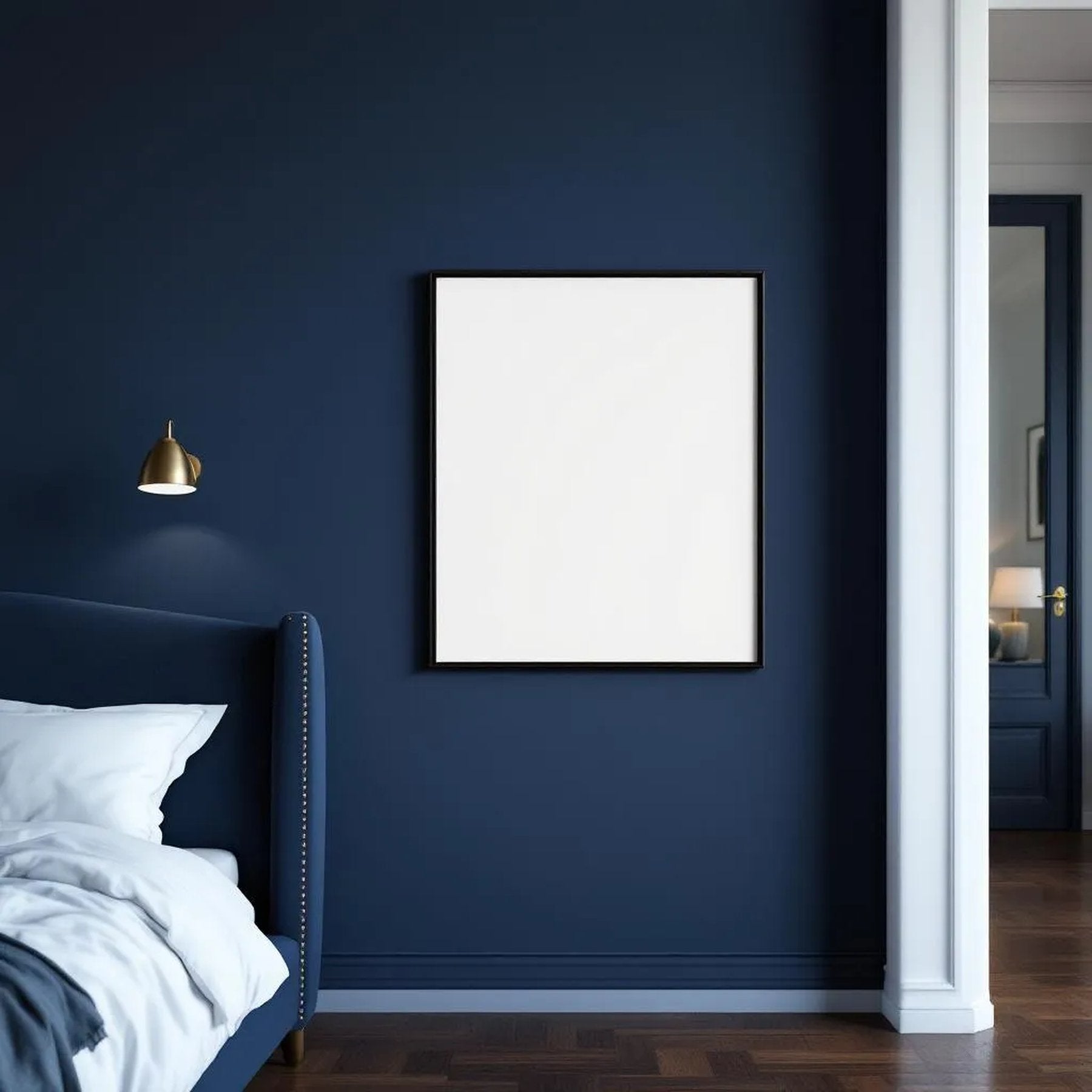Bedroom Navy Frame Display Mockup — Plain Square Frame Portrait 4:5 — Perspective View — #04204 | MockupBulk
