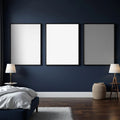 Bedroom Navy Interior Frame Mockup — Plain Square Frame Portrait 2:3 — Perspective View — #04207 | MockupBulk