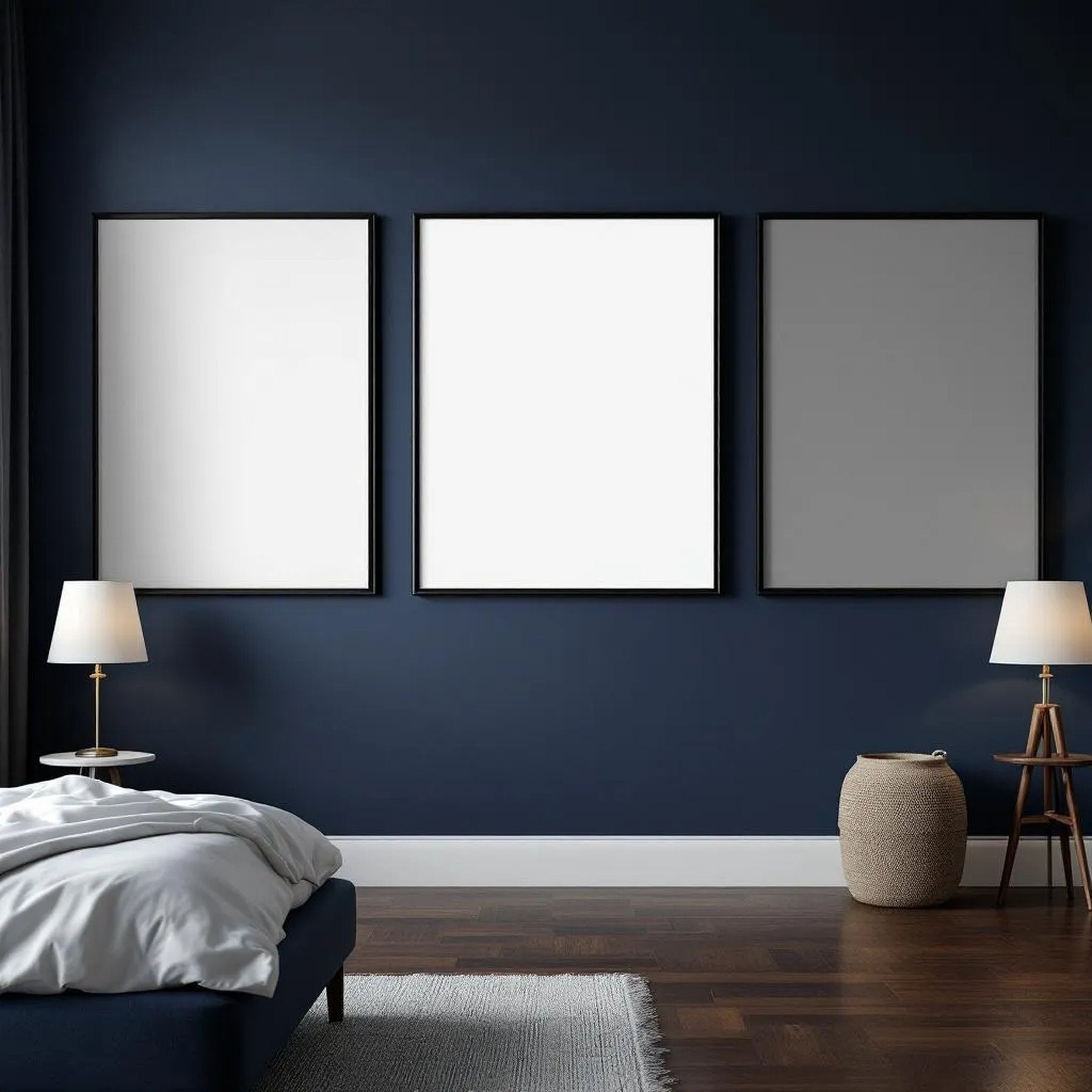 Bedroom Navy Interior Frame Mockup — Plain Square Frame Portrait 2:3 — Perspective View — #04207 | MockupBulk