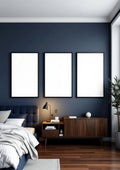 Bedroom Navy Editorial Room Mockup — Matte Black Frame Portrait 2:3 — Perspective View — #04209 | MockupBulk