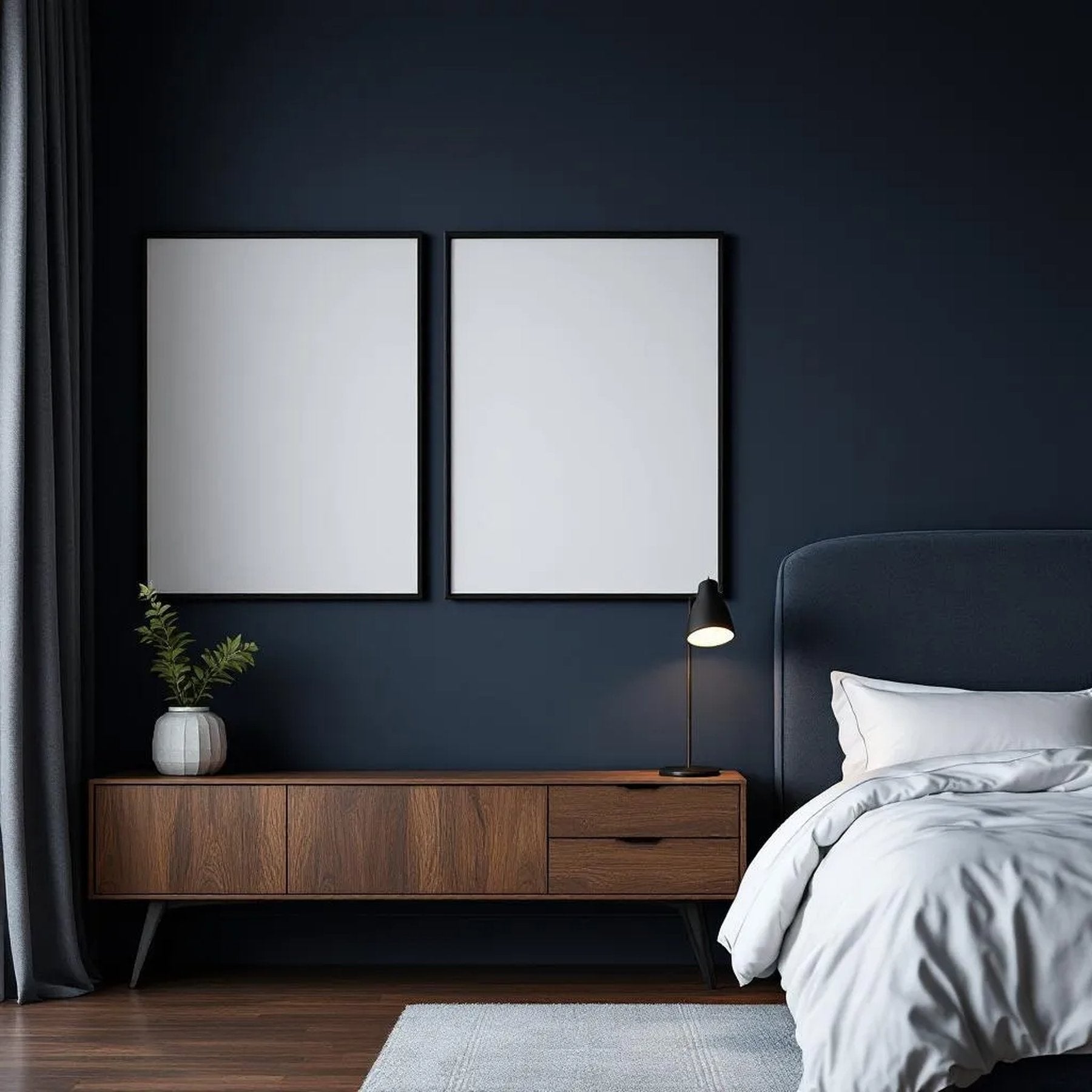 Bedroom Navy Room Scene Mockup — Plain Square Frame Portrait 2:3 — Perspective View — #04210 | MockupBulk