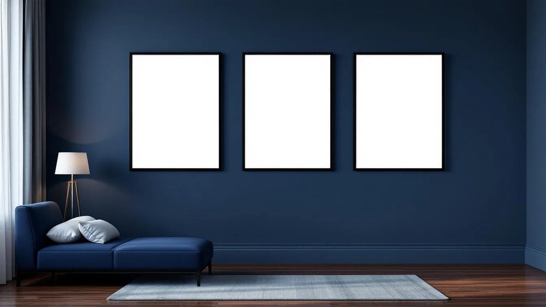 Bedroom Navy High-Res Frame Mockup — Matte Black Frame Landscape 3:4 — Perspective View — #04211 | MockupBulk