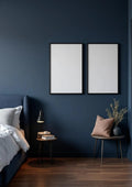 Bedroom Navy Editorial Room Mockup — Matte Black Frame A-Series (A4 / A3) — Perspective View — #04215 | MockupBulk