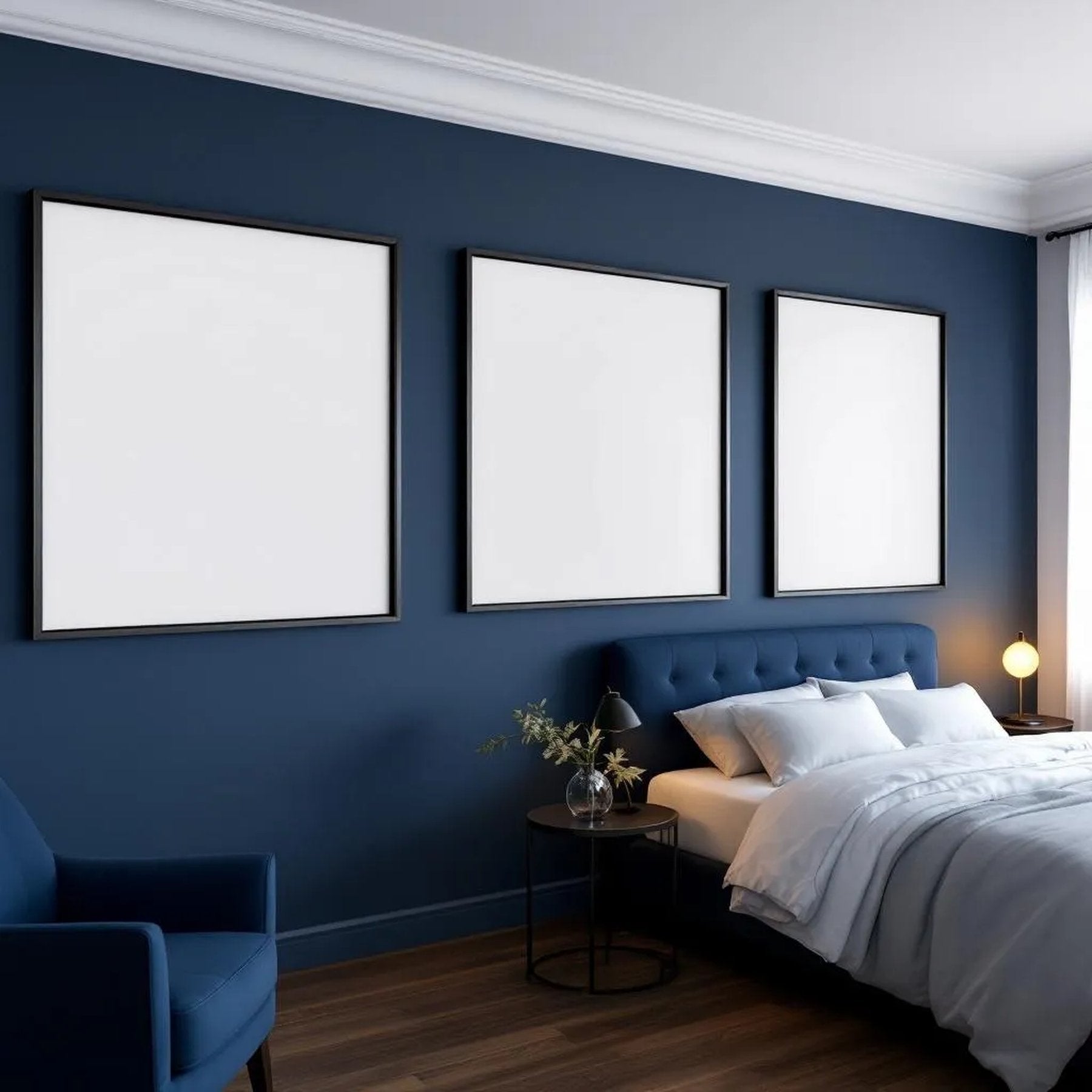 Bedroom Navy High-Res Frame Mockup — Plain Square Frame Portrait 2:3 — Perspective View — #04219 | MockupBulk