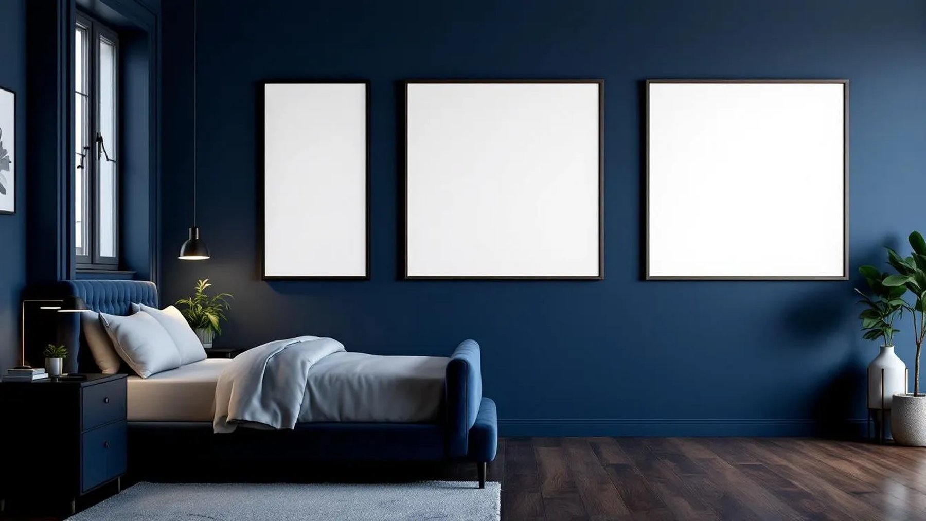 Bedroom Navy Wall Art Mockup — Matte Black Frame Square 1:1 — Perspective View — #04220 | MockupBulk