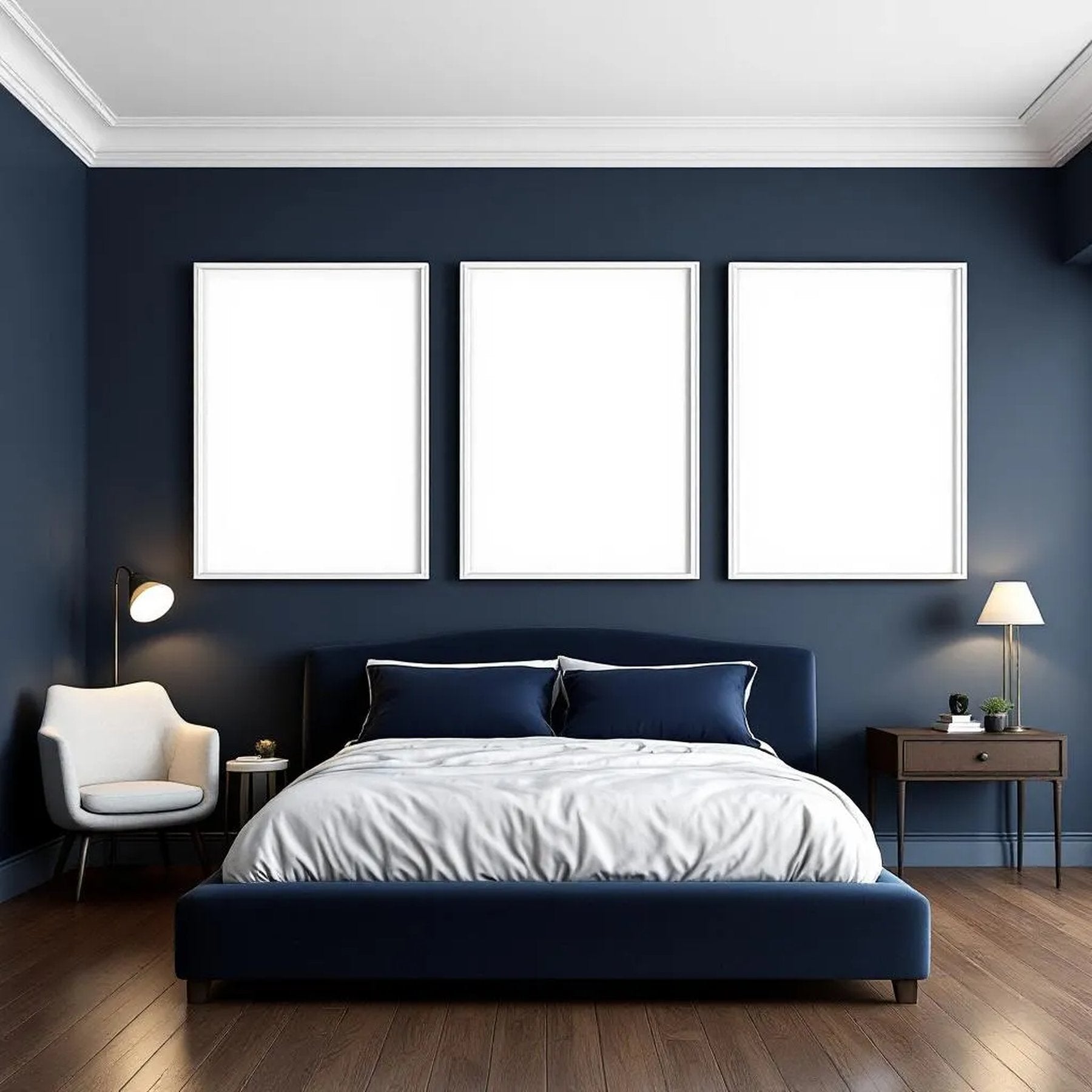 Bedroom Navy Premium Interior Mockup — Plain Square Frame Portrait 2:3 — Perspective View — #04222 | MockupBulk