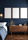 Bedroom Navy Interior Frame Mockup — White Frame Portrait 2:3 — Perspective View — #04224 | MockupBulk