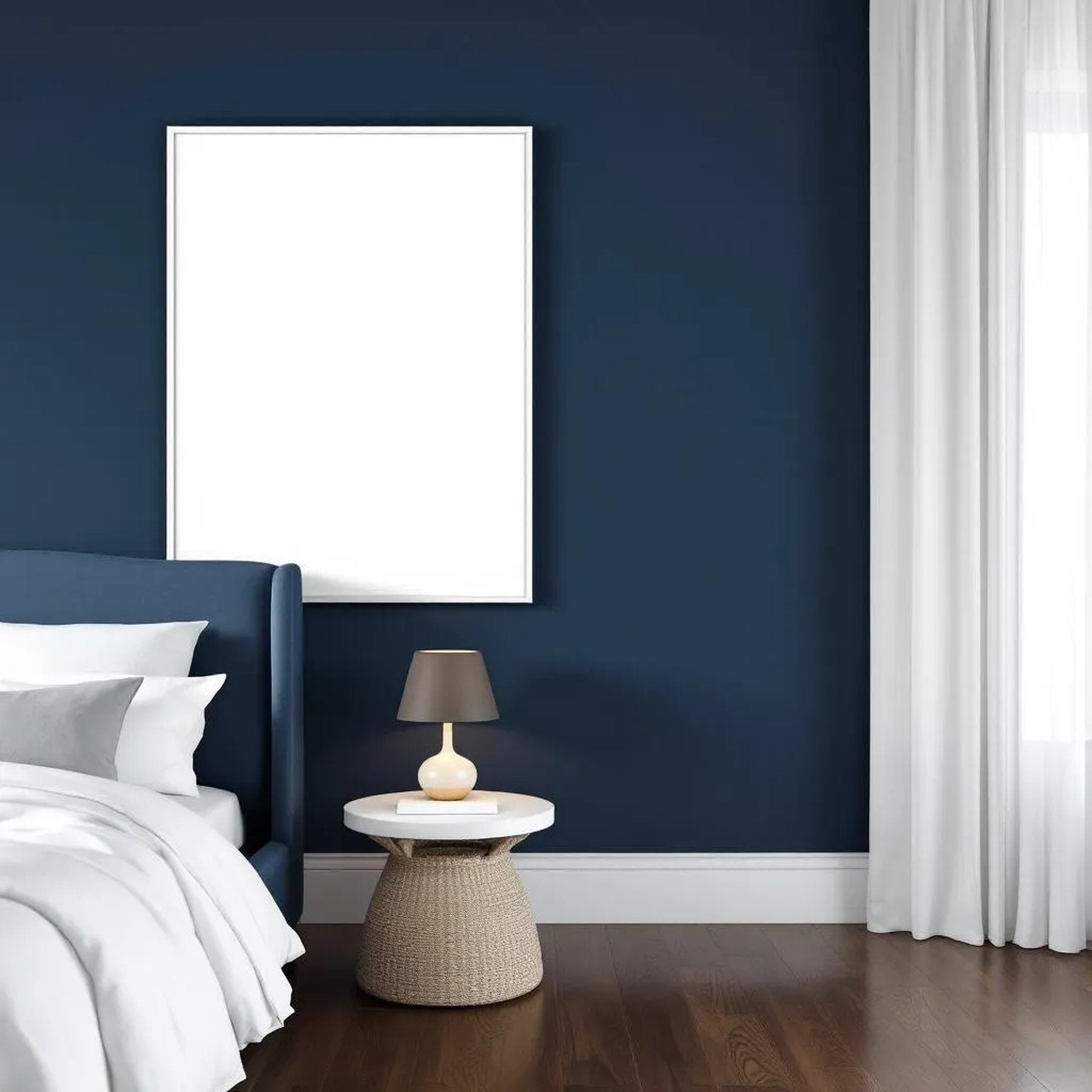 Bedroom Navy Editorial Room Mockup — Plain Square Frame Portrait 2:3 — Perspective View — #04225 | MockupBulk