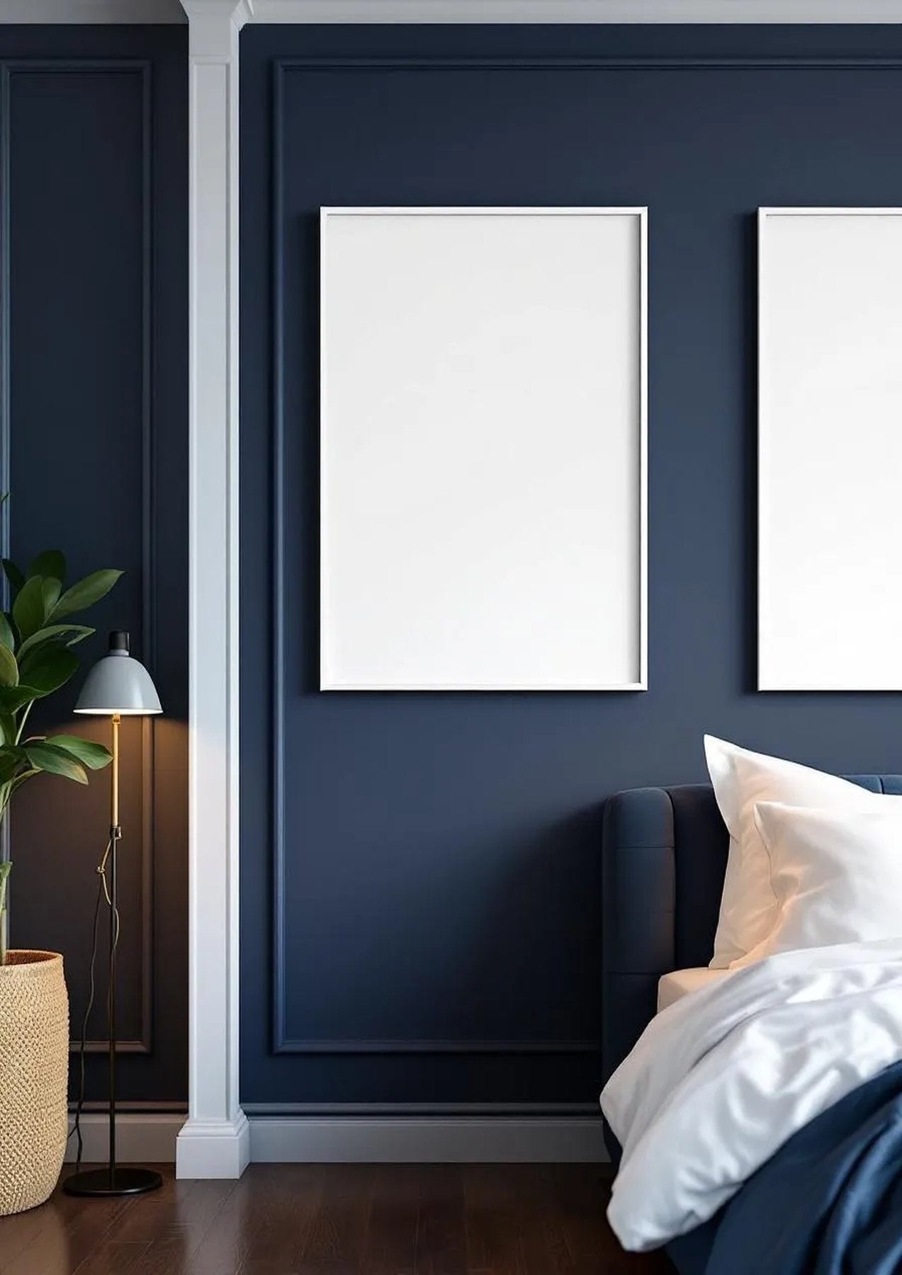 Bedroom Navy Wall Art Mockup — White Frame Portrait 2:3 — Perspective View — #04227 | MockupBulk