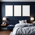 Bedroom Navy Wall Art Mockup — Plain Square Frame Portrait 2:3 — Perspective View — #04228 | MockupBulk