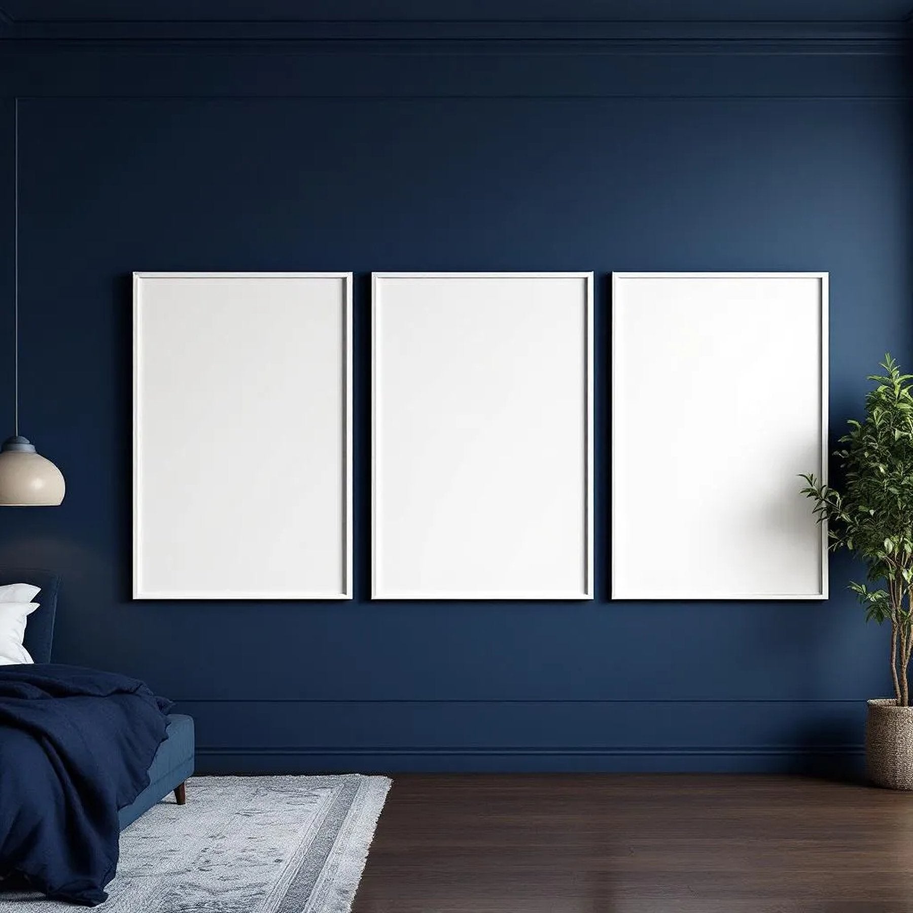 Bedroom Navy Lifestyle Frame Mockup — Plain Square Frame Portrait 2:3 — Perspective View — #04231 | MockupBulk