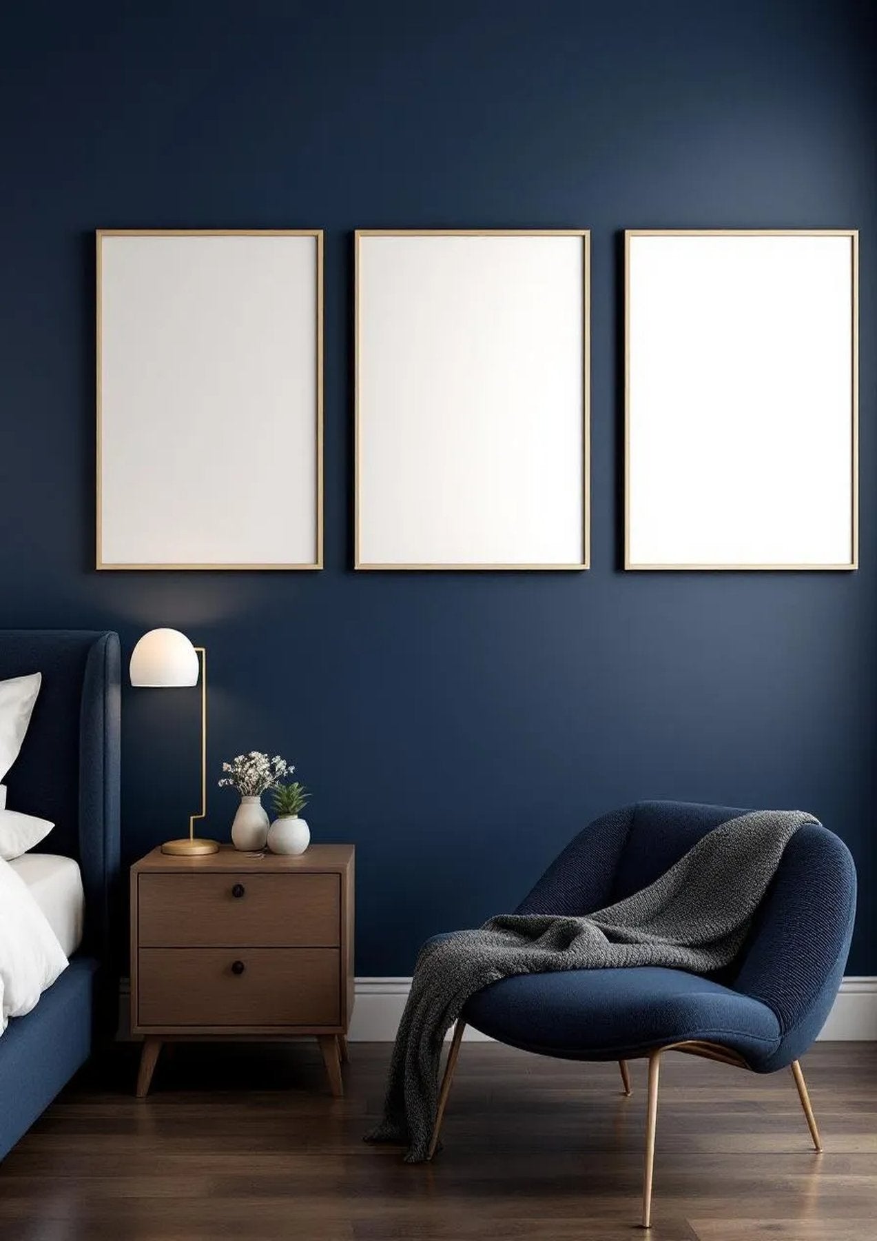 Bedroom Navy Wall Art Mockup — White Frame Portrait 2:3 — Perspective View — #04233 | MockupBulk