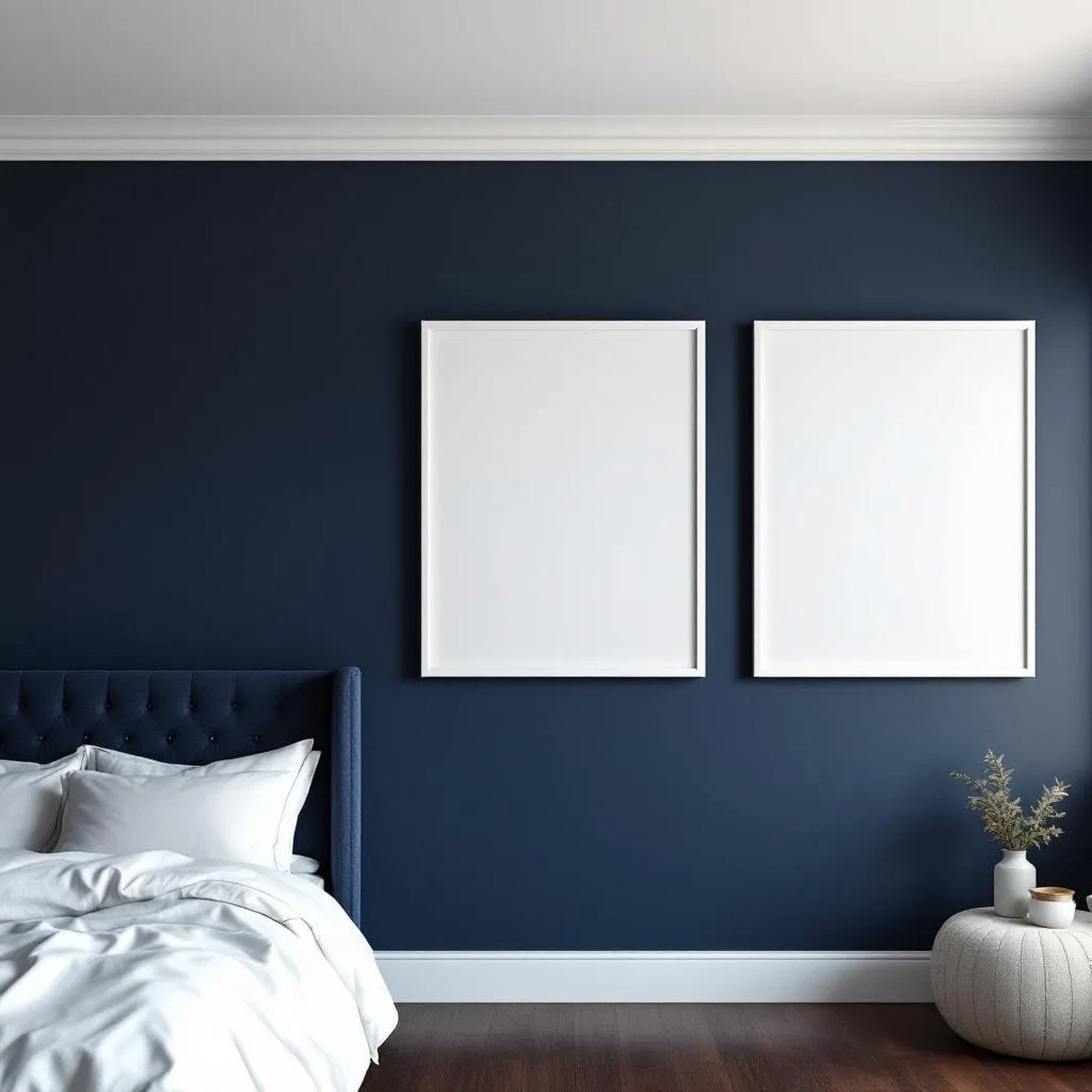 Bedroom Navy Frame Display Mockup — Plain Square Frame Portrait 2:3 — Perspective View — #04237 | MockupBulk