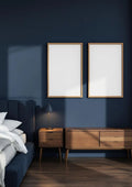 Bedroom Navy Premium Interior Mockup — Natural Oak Frame Portrait 2:3 — Perspective View — #04245 | MockupBulk