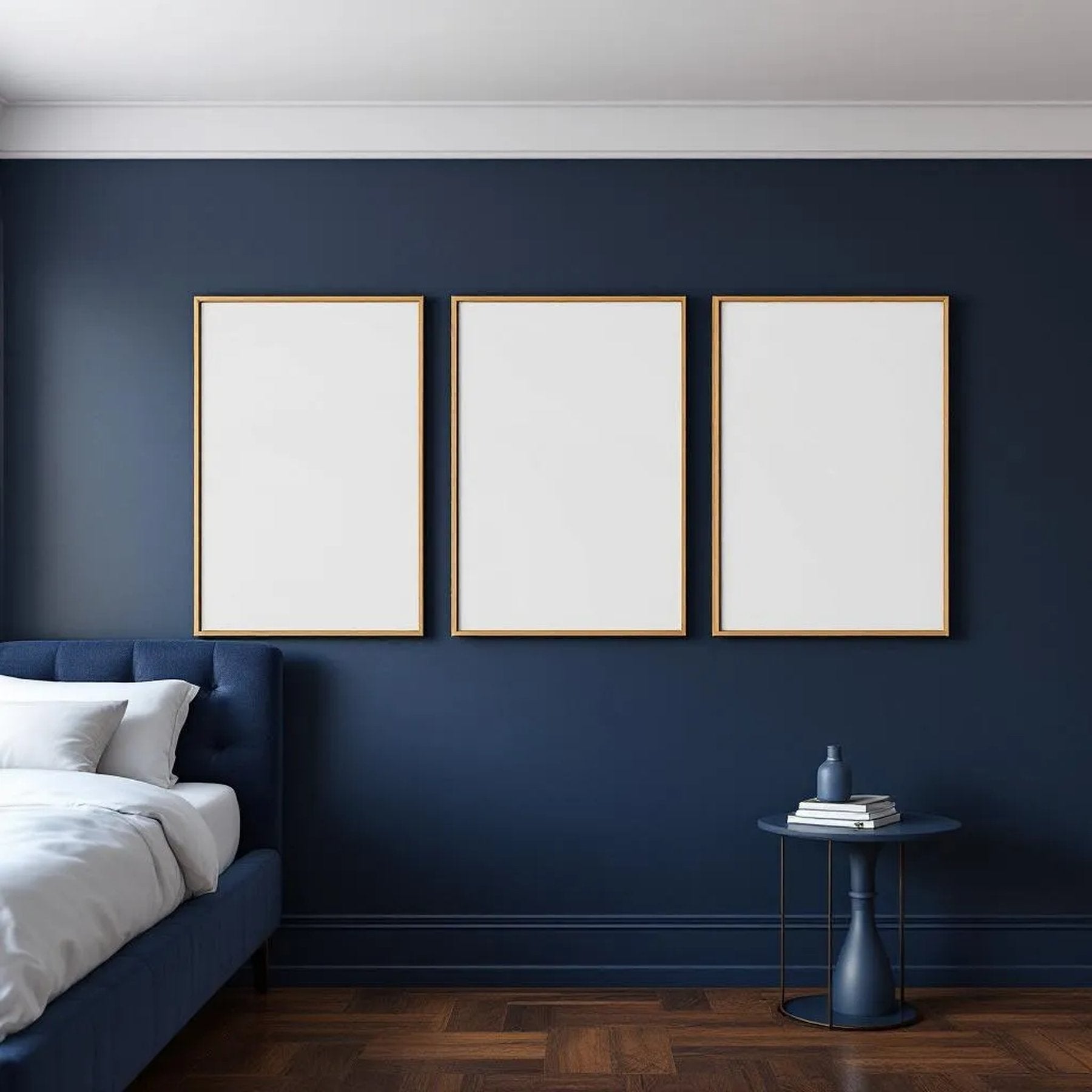 Bedroom Navy Interior Frame Mockup — Plain Square Frame Portrait 2:3 — Perspective View — #04246 | MockupBulk