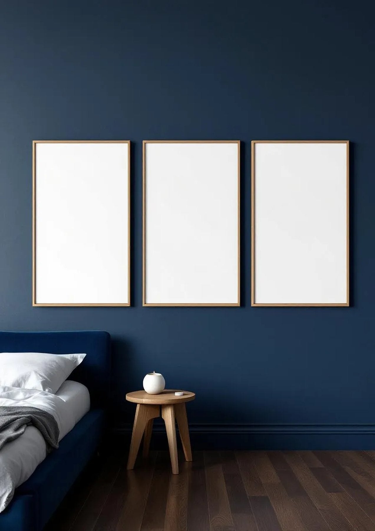 Bedroom Navy High-Res Frame Mockup — Natural Oak Frame Portrait 2:3 — Perspective View — #04248 | MockupBulk