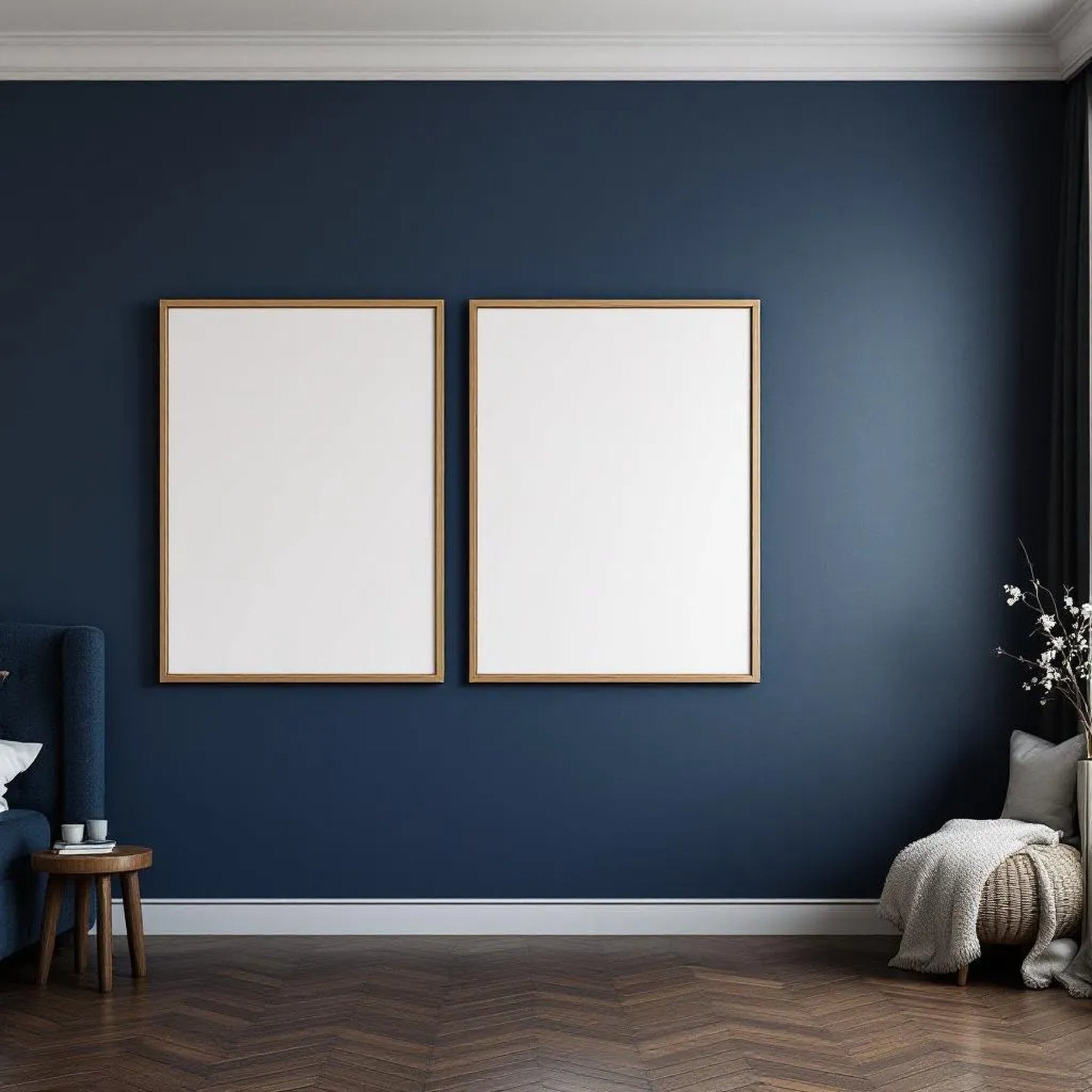 Bedroom Navy Room Scene Mockup — Plain Square Frame Portrait 2:3 — Perspective View — #04249 | MockupBulk