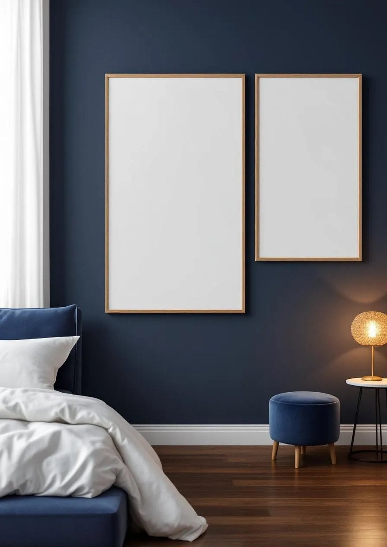 Bedroom Navy Interior Frame Mockup — Natural Oak Frame Portrait 2:3 — Perspective View — #04251 | MockupBulk