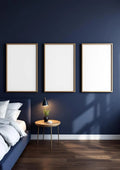 Bedroom Navy Styled Room Mockup — Natural Oak Frame Portrait 2:3 — Perspective View — #04254 | MockupBulk