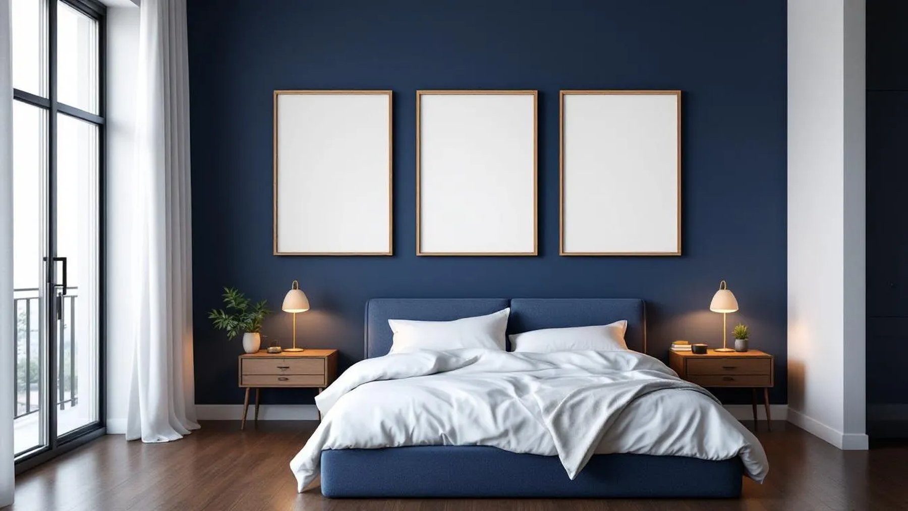 Bedroom Navy Lifestyle Frame Mockup — Natural Oak Frame Landscape 3:4 — Perspective View — #04256 | MockupBulk